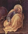 Gentile da Fabriano: Anbetung der Heiligen Drei Könige, rechte Predellatafel: Geburt Christi, Detail: schlafender Josef