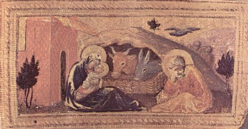 Gentile da Fabriano: Quaratesi-Polyptychon, Seitentafel: Hl. Nikolaus von Bari, Detail des Gewandes: Christi Geburt