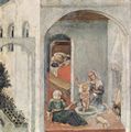 Gentile da Fabriano: Quaratesi-Polyptychon, fünf Predellatafeln mit Szenen aus dem Leben des Hl. Nikolaus von Bari (Wunderdarstellungen), Szene: Geburt, kann bereits am 3. Tag im Badezuber stehen