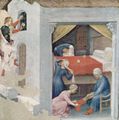 Gentile da Fabriano: Quaratesi-Polyptychon, fünf Predellatafeln mit Szenen aus dem Leben des Hl. Nikolaus von Bari (Wunderdarstellungen), Szene: N. wirft der goldene Kugeln in das Zimmer der dreier armer Mädchen