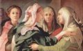 Pontormo, Jacopo: Heimsuchung, Detail: Umarmung Maria und Hl. Elisabeth, im Hintergrund Anna