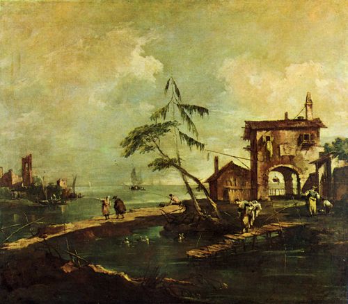 Guardi, Francesco: Capriccio, Szene: Baufllige Kirche, Bauernhaus und Figuren an einem Fluss der Lagune