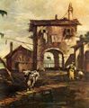 Guardi, Francesco: Capriccio, Szene: Baufllige Kirche, Bauernhaus und Figuren an einem Fluss der Lagune, Detail