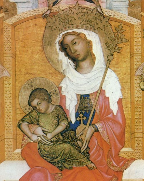 Bhmischer Meister: Glatzer Madonna, Szene: Thronende Maria mit Kind, Detail