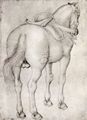 Pisanello: Gesatteltes und angeschirrtes Pferd von hinten, mit Brandzeichen