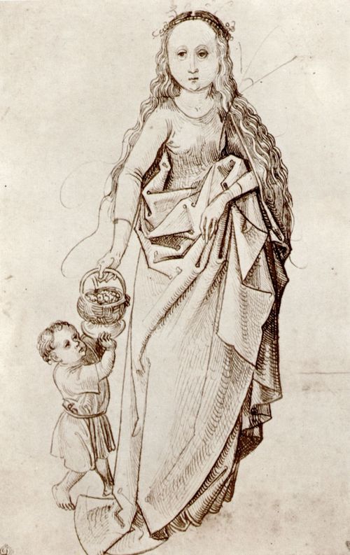 Schongauer, Martin (Umkreis): Die Hl. Dorothea reicht dem Christkind den Blumenkorb