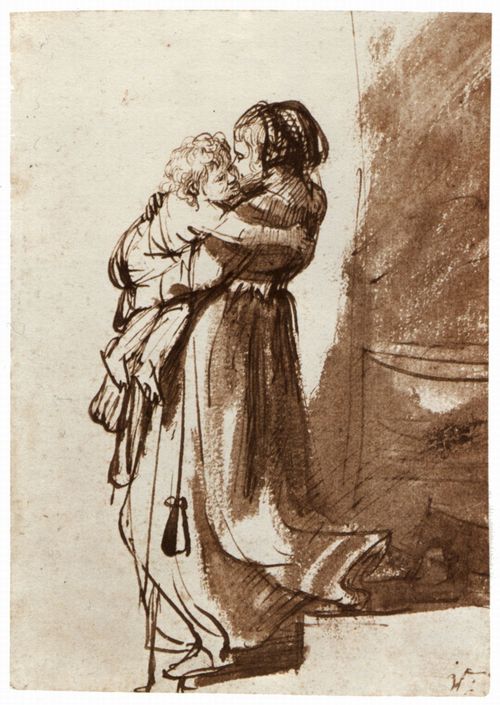 Rembrandt Harmensz. van Rijn: Frau, die ein Kind die Treppe hinuntertrgt