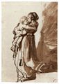 Rembrandt Harmensz. van Rijn: Frau, die ein Kind die Treppe hinunterträgt