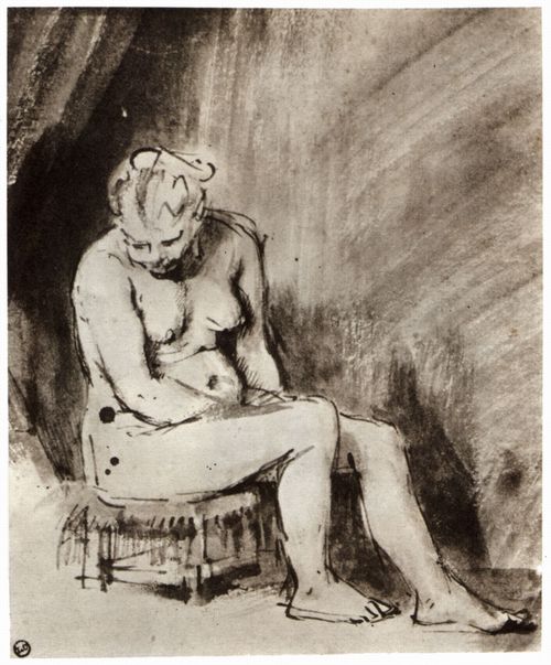 Rembrandt Harmensz. van Rijn: Weiblicher Akt, auf einem Hocker sitzend