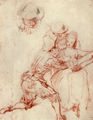 Watteau, Antoine: Studienblatt, Sitzende Gitarrespielerin, zwei Komdianten und Studie eines Pierrot