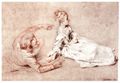 Watteau, Antoine: Studieblatt, Sitzende Frau und liegender Mann