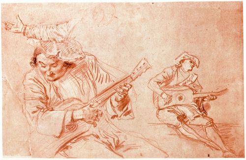 Watteau, Antoine: Studienblatt, Zwei Gitarrenspieler und Skizze eines rechten Arms