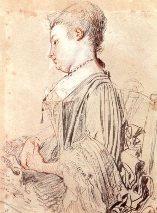 Watteau, Antoine: Halbfigur einer sitzenden Dame im Profil