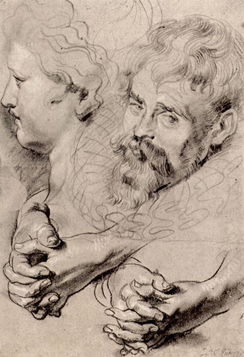 Rubens, Peter Paul: Studienblatt mit gefalteten Hnden, einem Frauen- und einem Mnnerkopf