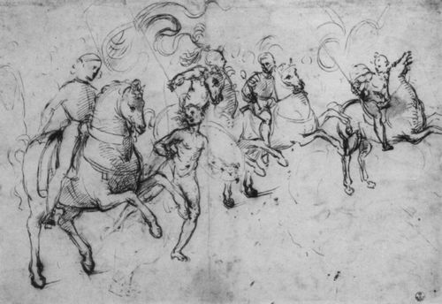 Raffael: Entwurf fr die Libreria Piccolomini, Vier Reiter und ein laufender Krieger