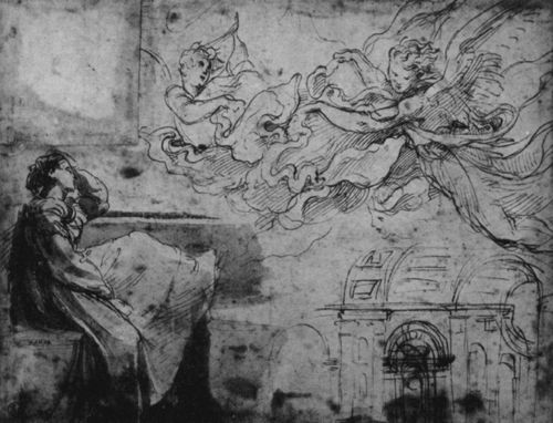 Raffael: Gott erscheint Moses im brennenden Dornebusch, Studie, Engelgruppe, auerdem: sitzende weibliche Figur und Aufrisszeichnung zu St. Peter in Rom