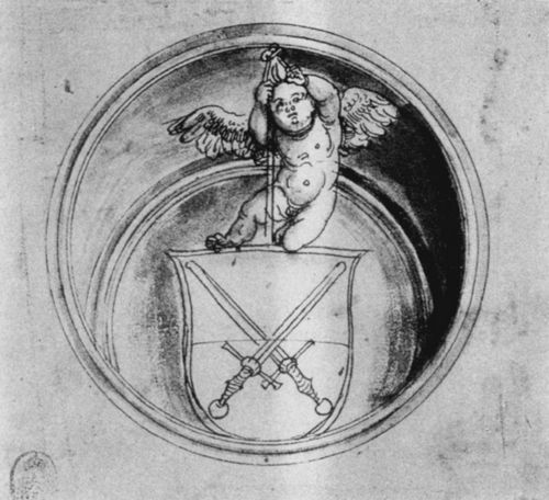 Cranach d. ., Lucas: Dekorentwurf, Putto als Wappenhalter im Tondo