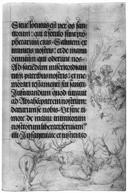 Cranach d. ., Lucas: Maximilianisches Gebetbuch, Hexenritt und vier Hirsche