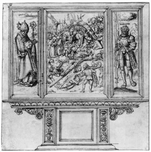 Cranach d. ., Lucas: Altarentwurf, Schrein, Mitteltafel: Kreuzanagelung Christi, linker Flgel: Hl. Sebaldus, rechter Flgel: Hl. Ludwig