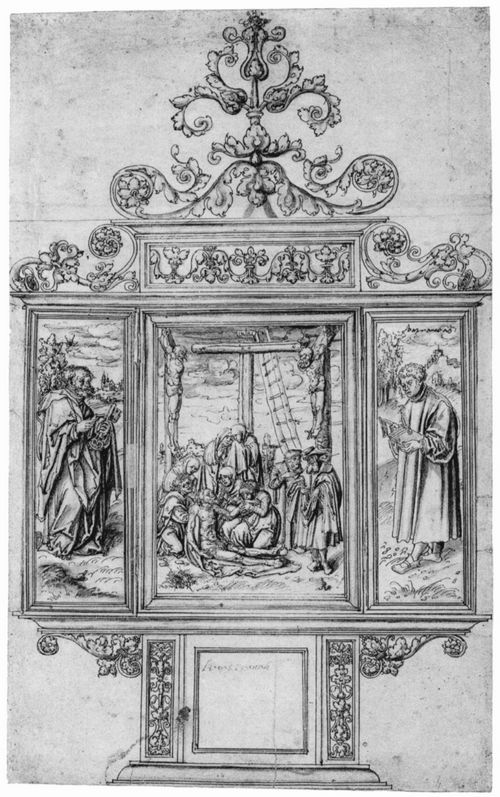 Cranach d. ., Lucas: Altarentwurf, Schrein, Mitteltafel: Beweinung Christi, linker Flgel: Hl. Petrus, rechter Flgel: Hl. Barnabas