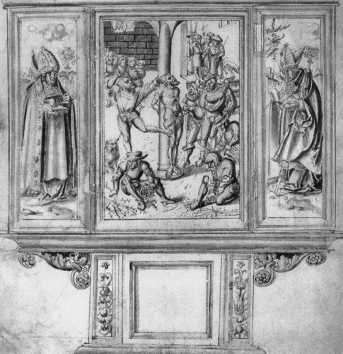 Cranach d. ., Lucas: Altarentwurf, Schrein, Mitteltafel: Geielung Christi, Flgel: Hll. Bischfe