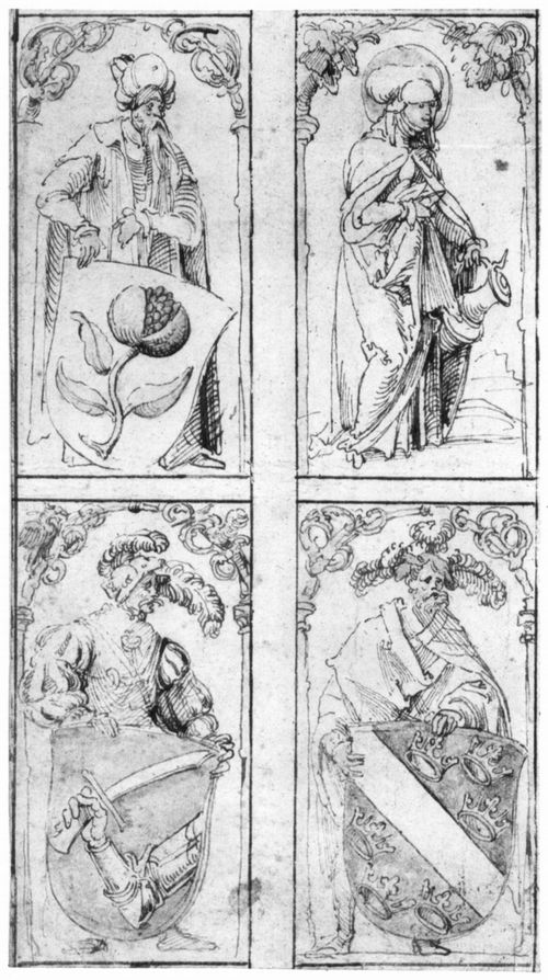 Kulmbach, Hans Süß von: Entwurf zum Kaiserfenster: mit Hl. Elisabeth, den Wappen von Granada, Bosnien und Elsaß