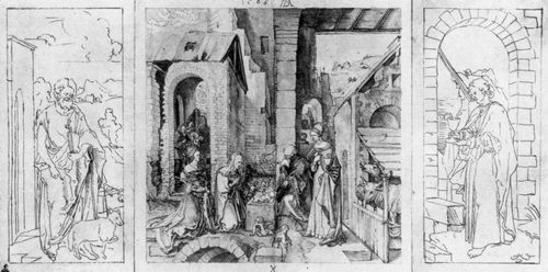 Kulmbach, Hans Süß von: Altarentwurf: Geburt Christi, links: Hl. Johannes der Evangelist, rechts: Hl. Johannes, Gesamtentwurf