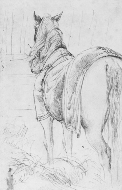 Menzel, Adolf Friedrich Erdmann von: Pferd mit Decke an der Krippe im Stall