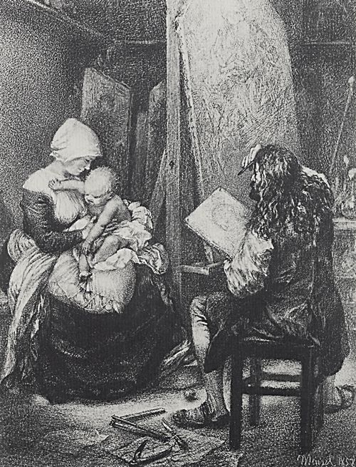 Menzel, Adolf Friedrich Erdmann von: Albrecht Drer malt im Atelier eine Brgersfrau mit Kind als Madonna