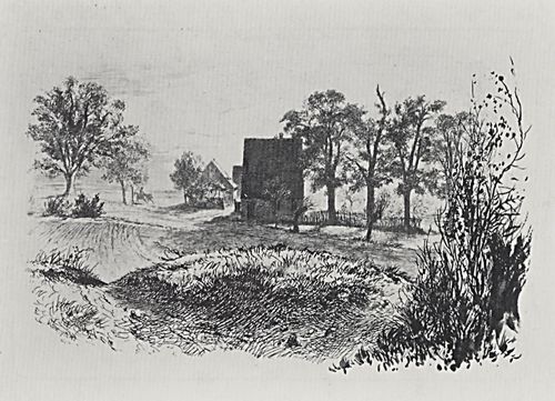 Menzel, Adolf Friedrich Erdmann von: Folge »Radier-Versuche«, Landschaft mit drei Htten, dritter Zustand
