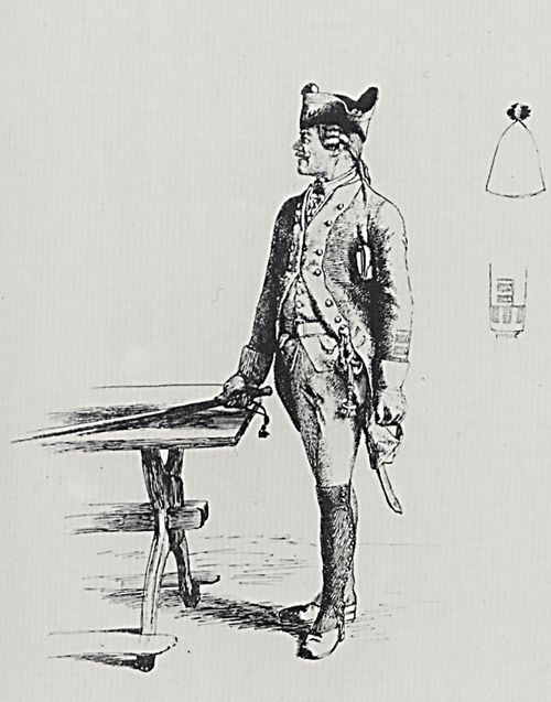 Menzel, Adolf Friedrich Erdmann von: Unteroffizier, nach links gewandt, schlgt mit dem Stock auf einen Tisch