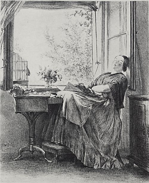 Menzel, Adolf Friedrich Erdmann von: Die schlafende Nherin am Fenster (Menzels Schwester Emilie), dritter Zustand
