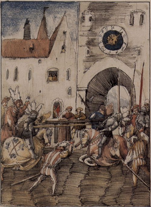 Historia-Meister: Handschrift »Historia Friderici et Maximiliani«: Turnier im Burghof. Maximilian hebt einen Gegner aus dem Sattel