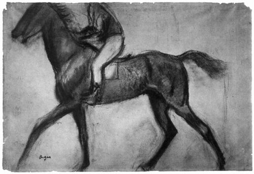 Degas, Edgar Germain Hilaire: Jockey auf trabendem Pferd, im Profil
