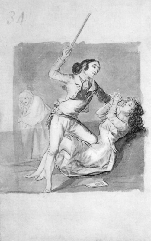 Goya y Lucientes, Francisco de: Madrid-Album : Junger Mann schlgt Mdchen mit einem Stock