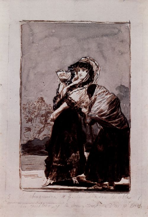 Goya y Lucientes, Francisco de: Zeichnungen fr »Los Caprichos«: »Sie schmt sich ihrer Mutter, die sie auf der Strae anbettelt und sagt zu ihr: Wrden sie mich bitte entschuldigen«