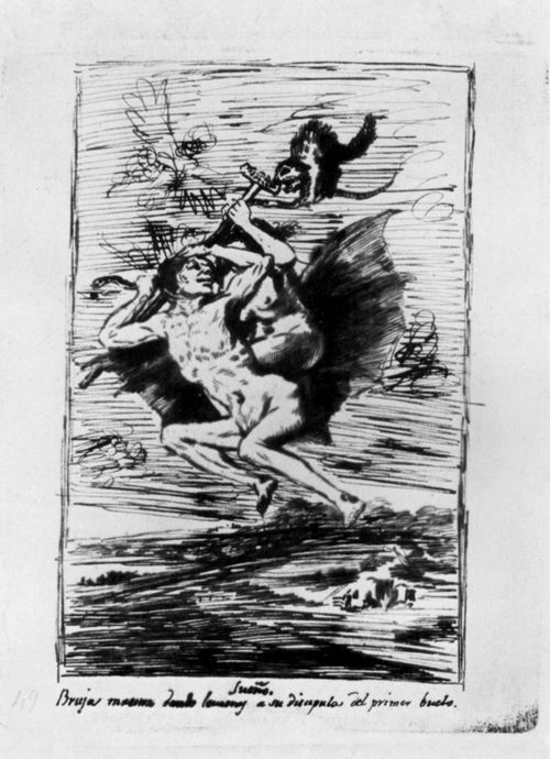 Goya y Lucientes, Francisco de: Zeichnungen fr »Los Caprichos«: »Fnfter Traum, Hexenmeisterin lehrt ihren Schler das Fliegen«