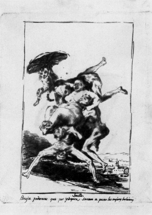 Goya y Lucientes, Francisco de: Zeichnungen fr »Los Caprichos«: »Neunter Traum, Mchtige Hexe, die an Wassersucht leidet, wird von den besten Fliegerinnen zu einem Spaziergang mitgenommen«