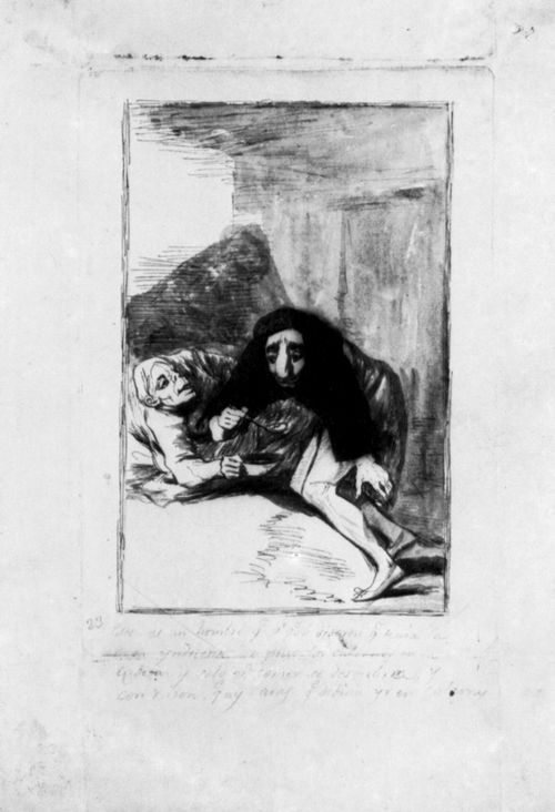Goya y Lucientes, Francisco de: Zeichnungen fr »Los Caprichos«: »Hier sieht man einen Mann, dem man gesagt hatte, er habe eine unanstndige Gestalt und der fortan seine Hose auf dem Kopf trug und sich ihrer nur zum Essen entledigte.«