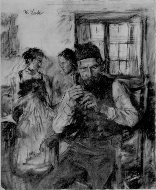 Leibl, Wilhelm Maria Hubertus: Bauer mit Tabakspfeife, zwei Mdchen im Hintergrund