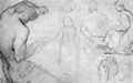 Seurat, Georges: Studienblatt mit Figur eines traubenpressenden Satyrs (nach Poussin) und anderen Figuren
