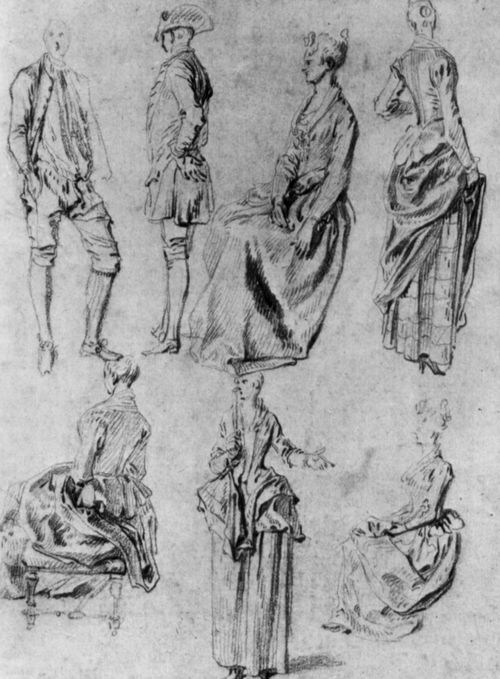 Watteau, Antoine: Studienblatt mit zwei stehenden Mnnern, zwei stehenden und drei sitzenden Frauen