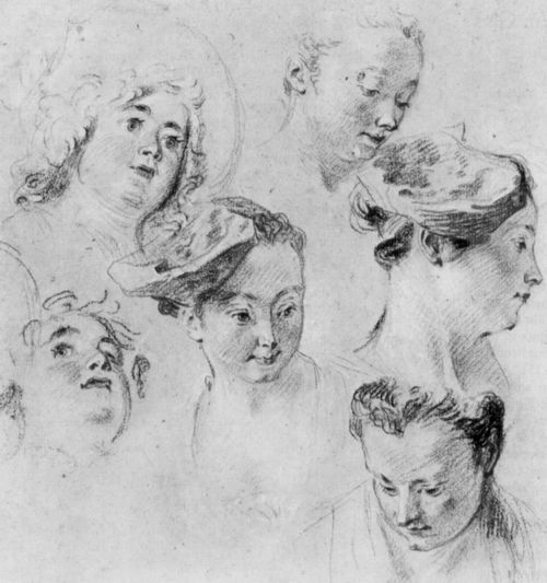 Watteau, Antoine: Studienblatt mit zwei Kinderkpfen und vier Frauenkpfen