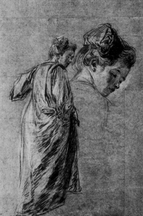 Watteau, Antoine: Studienblatt mit der Rckansicht einer stehenden Frau und einer Kopfstudie