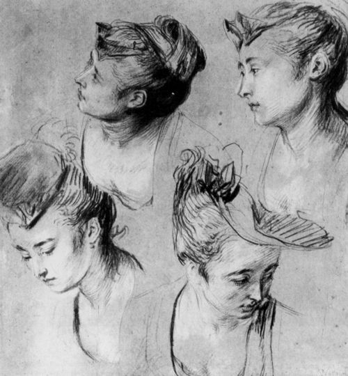 Watteau, Antoine: Vier Studien eines Frauenkopfes