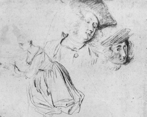 Watteau, Antoine: Studienblatt mit zwei mnnlichen Kpfen und der Figur einer Frau