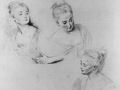 Watteau, Antoine: Drei Studien eines Frauenkopfes und Studie einer Hand