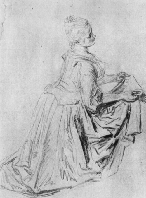 Watteau, Antoine: Kniende Frau, ihre Schrze aufhaltend