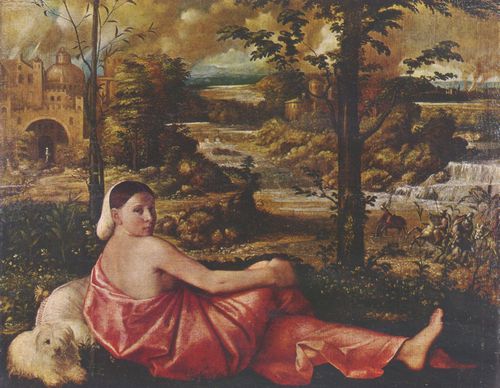 Cariani, Giovanni: Ruhende Frau mit weiem Schohund in einer Landschaft