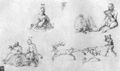 Dürer, Albrecht: Studienblatt mit Narren, Faun, Phönix und Hirschjagd